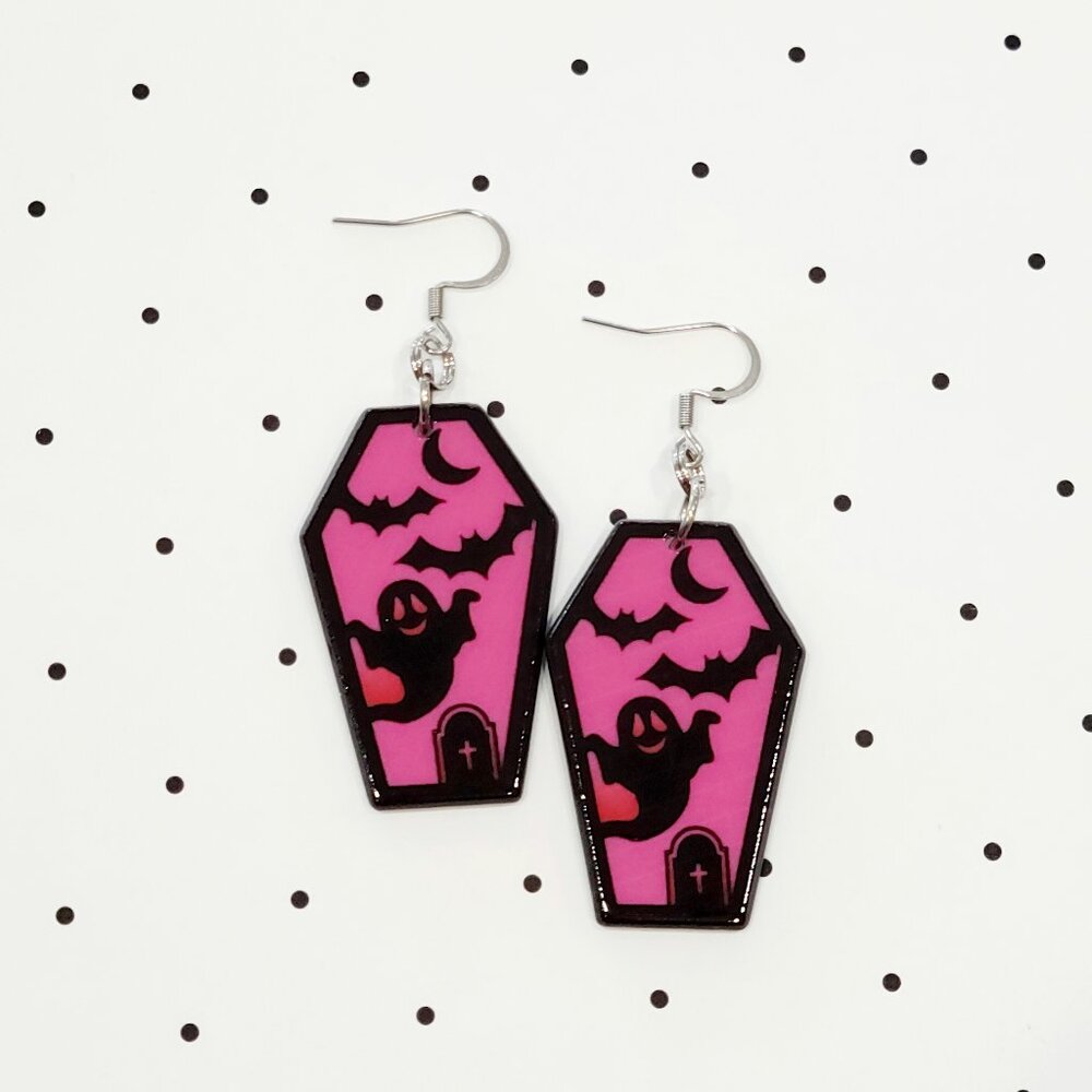 Pink Ghost with Bats Coffin Earrings Stainless Steel Hooks Halloween Punk NEW